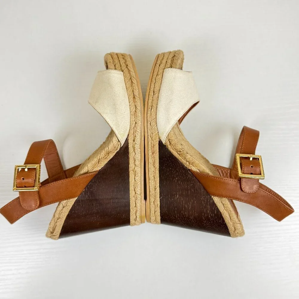 Tory Burch Espadrille Wedge Sandals White Canvas Toe Brown Leather Ankle Strap